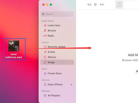 Przeciąganie muzyki do folderu Songs w iTunes (krok 2)